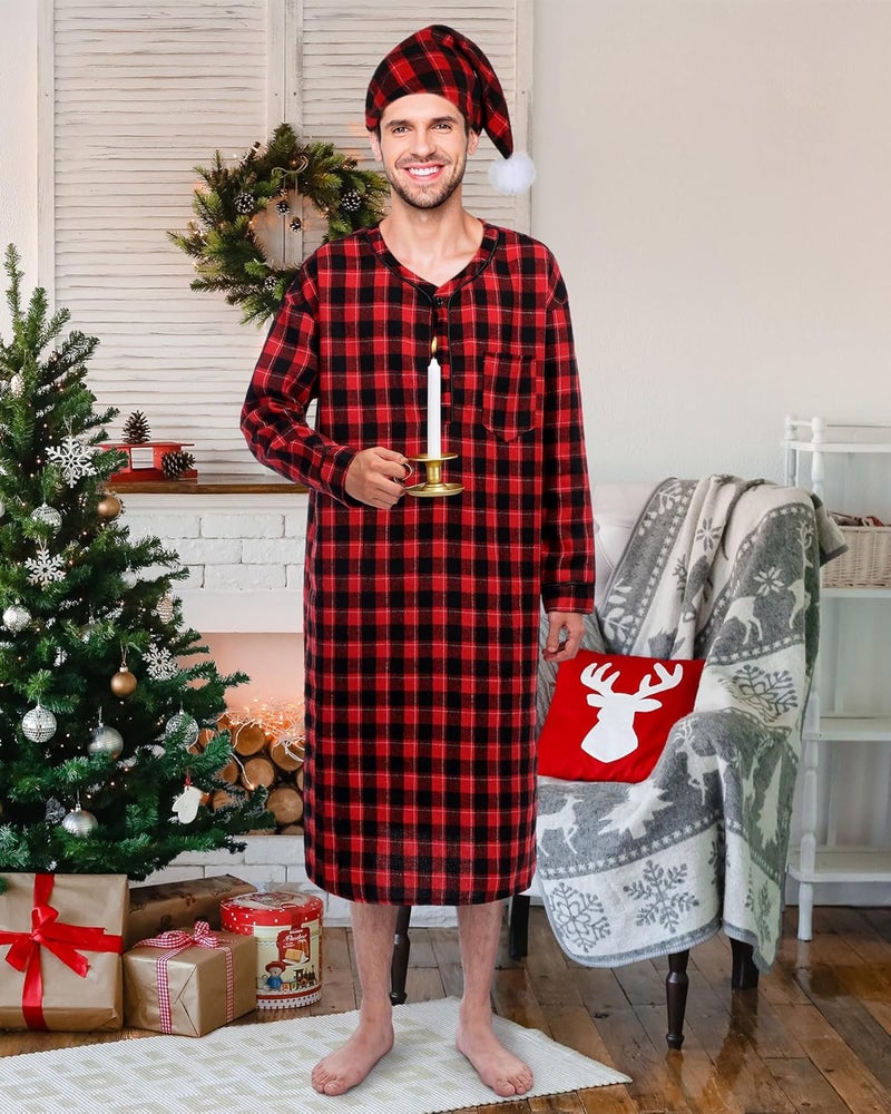 Cuffbow 4 Pcs Christmas Men's Cotton Flannel Nightshirt Set Includes Men Flannel Long Sleeve Nightgown Cap Candle and Holder - Image 4